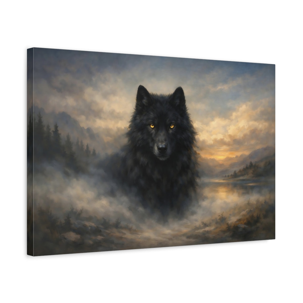 Side Mockup 3. Animals Black Wolf Black Wolf Landscape shown as stretched canvas wall art
