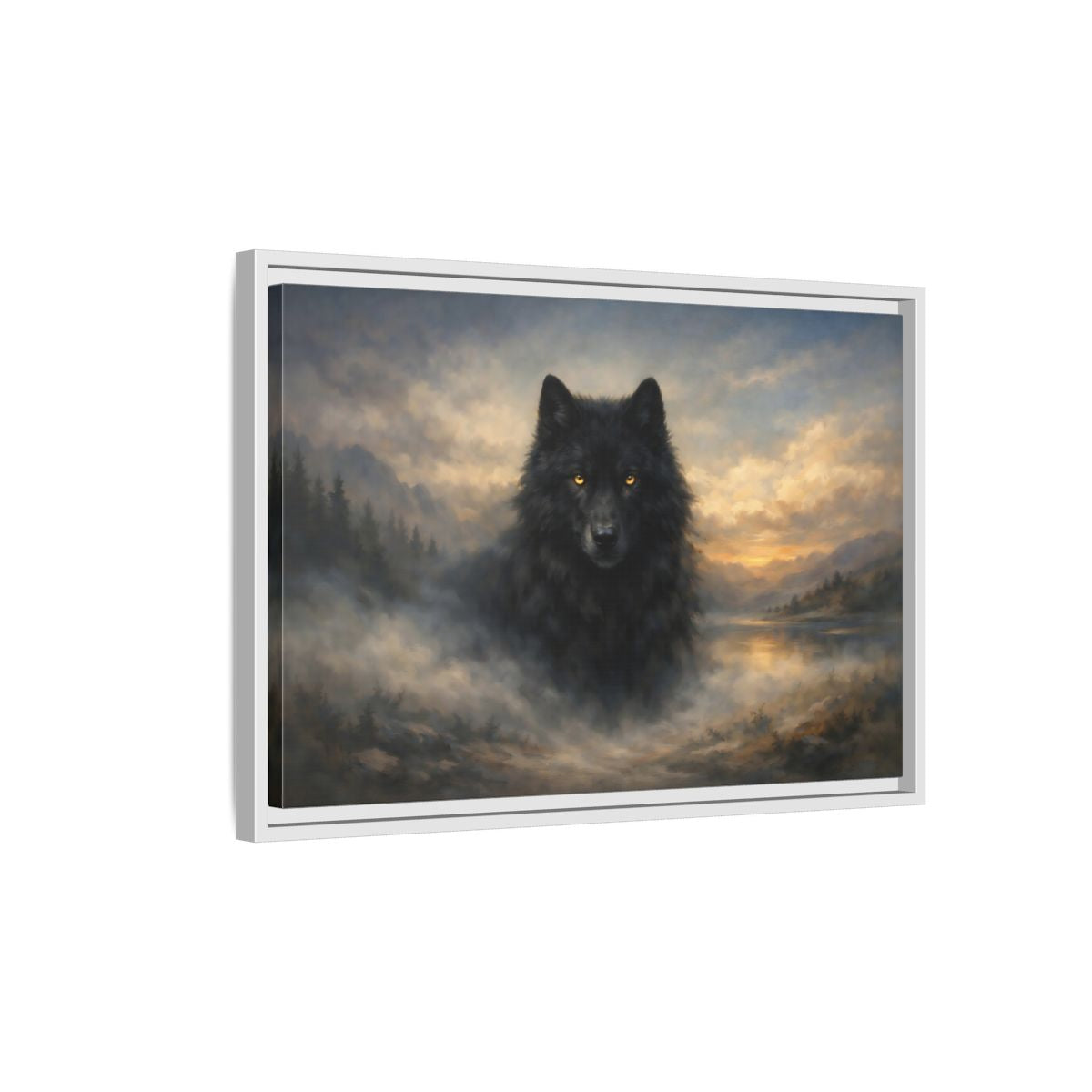 Side Mockup 1. Animals Black Wolf Black Wolf Landscape shown as stretched canvas wall art