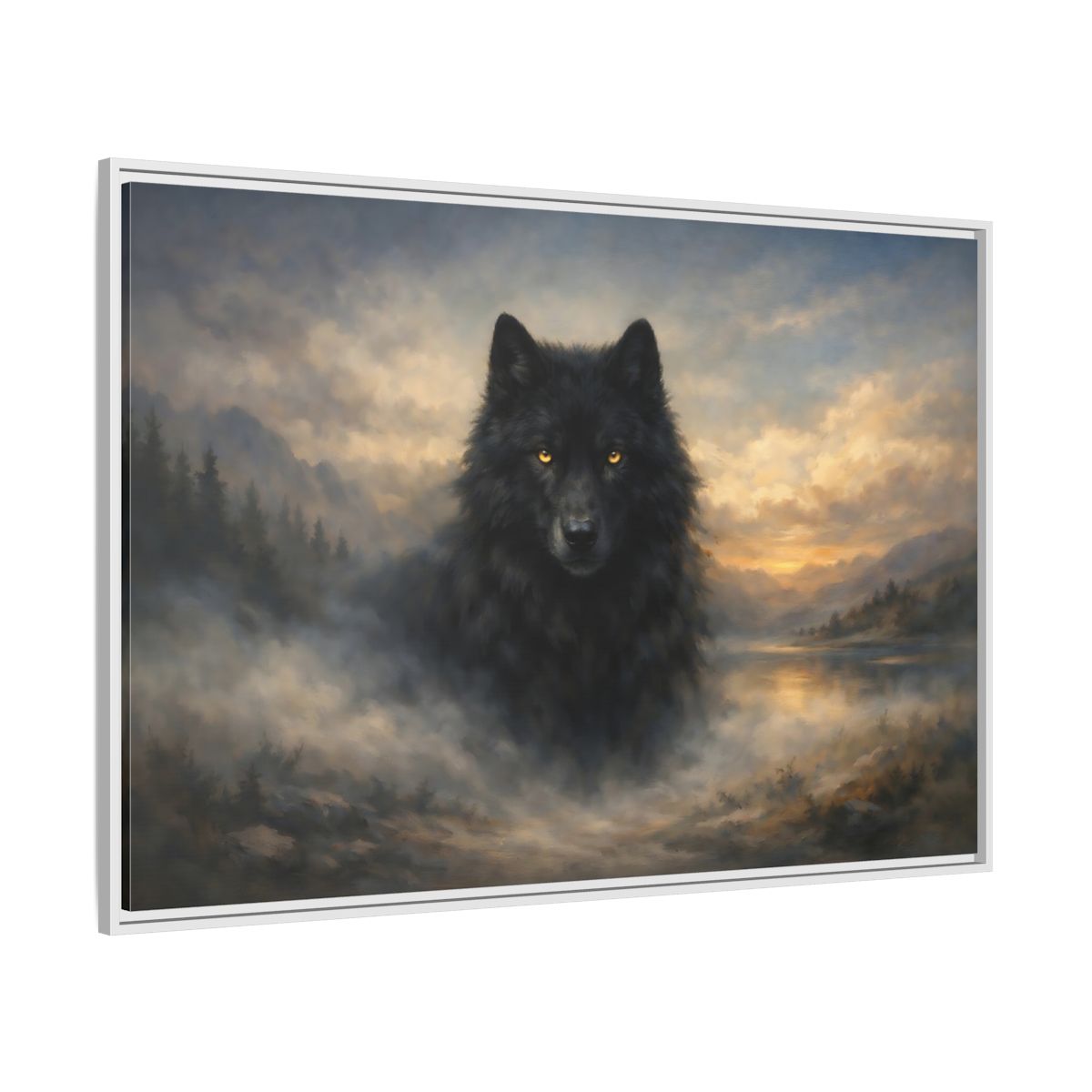 Side Mockup 7. Animals Black Wolf Black Wolf Landscape shown as stretched canvas wall art