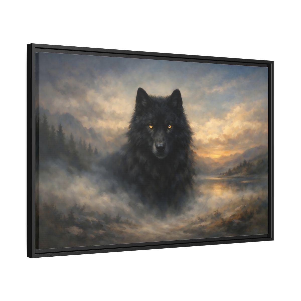 Side Mockup 13. Animals Black Wolf Black Wolf Landscape shown as stretched canvas wall art
