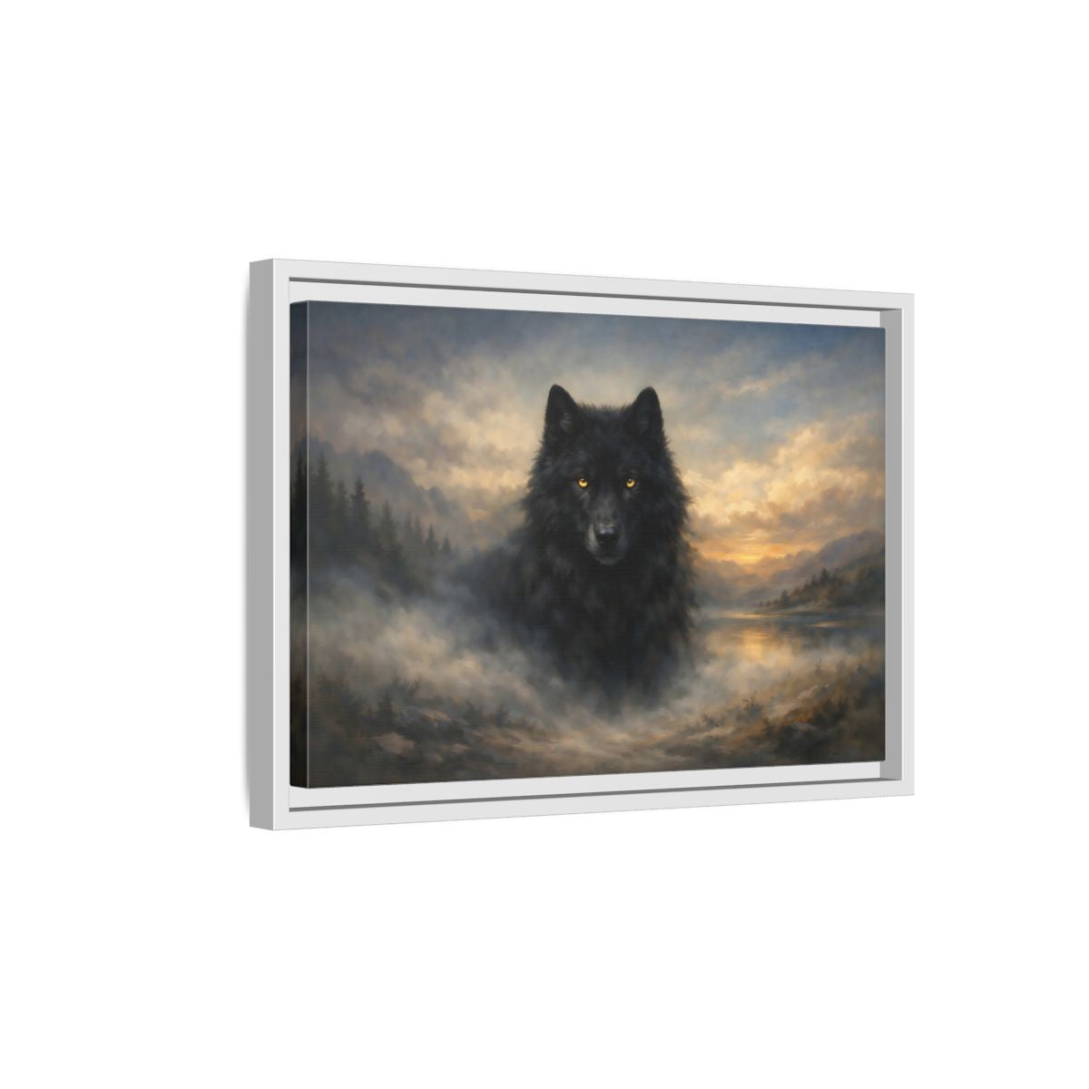 Side Mockup 4. Animals Black Wolf Black Wolf Landscape shown as stretched canvas wall art