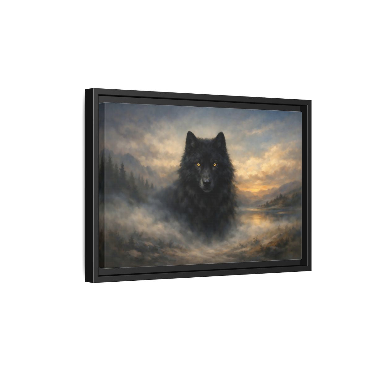 Side Mockup 6. Animals Black Wolf Black Wolf Landscape shown as stretched canvas wall art