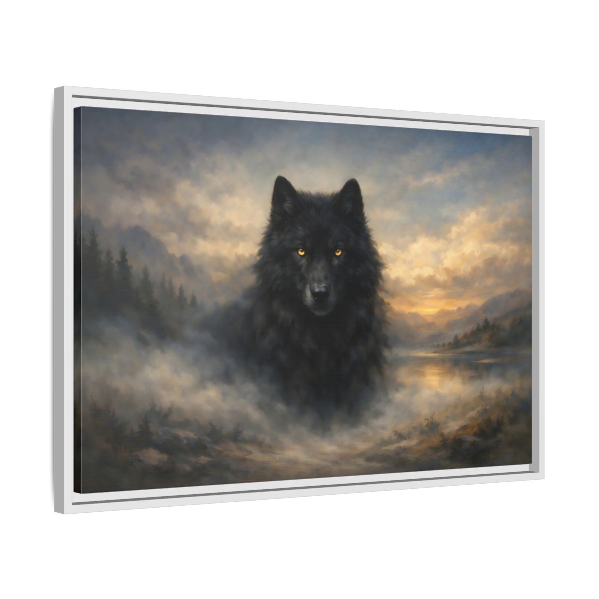 Side Mockup 10. Animals Black Wolf Black Wolf Landscape shown as stretched canvas wall art