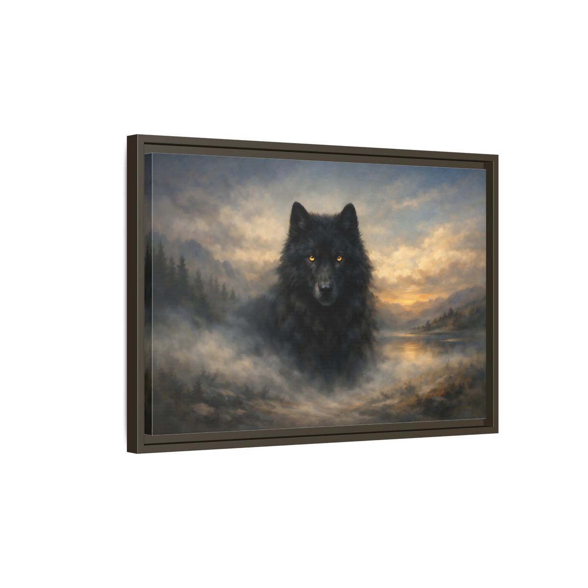 Side Mockup 2. Animals Black Wolf Black Wolf Landscape shown as stretched canvas wall art