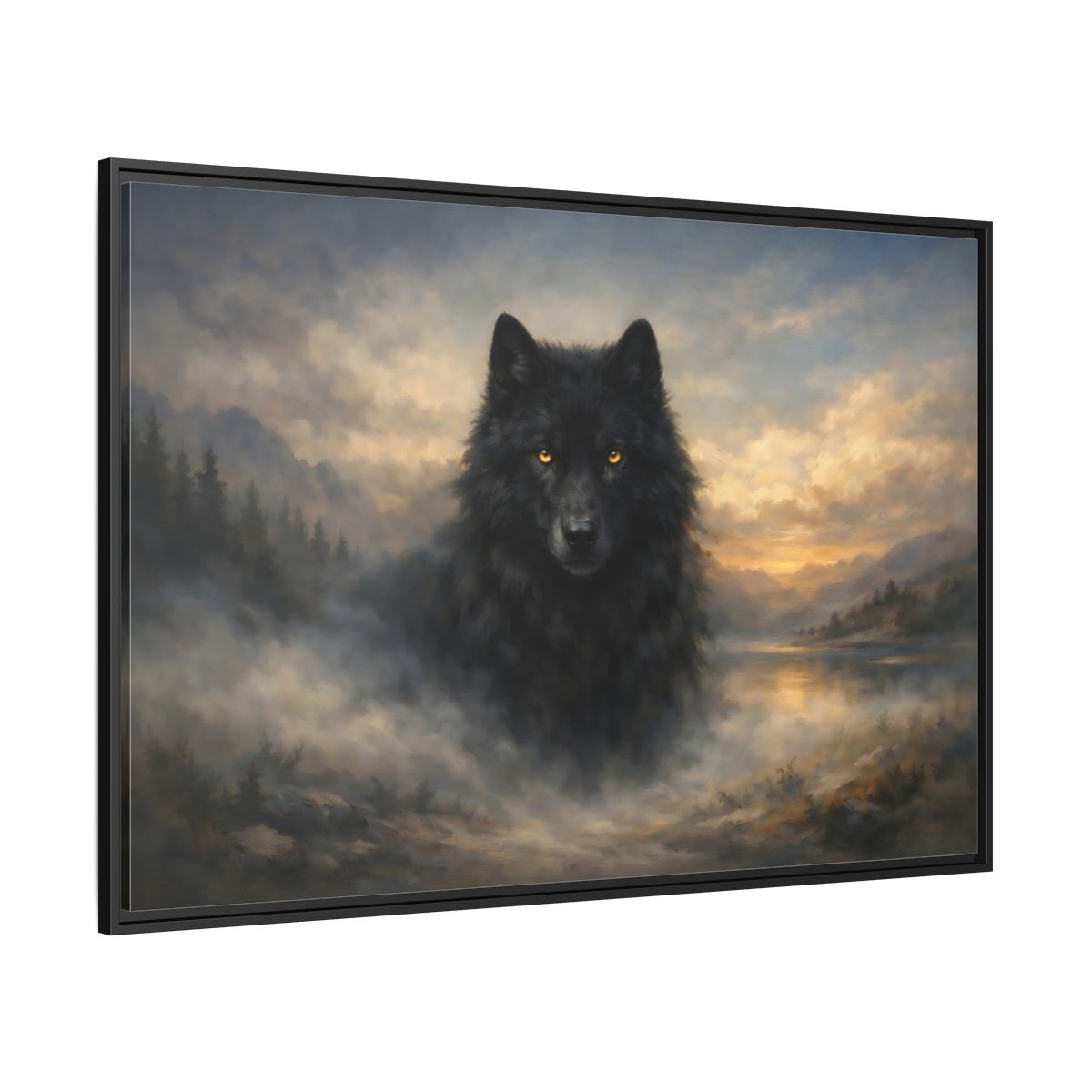 Side Mockup 12. Animals Black Wolf Black Wolf Landscape shown as stretched canvas wall art