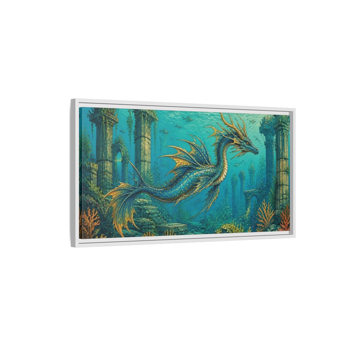 Side Mockup 1. Animals Blue Sea Dragon shown as framed canvas print