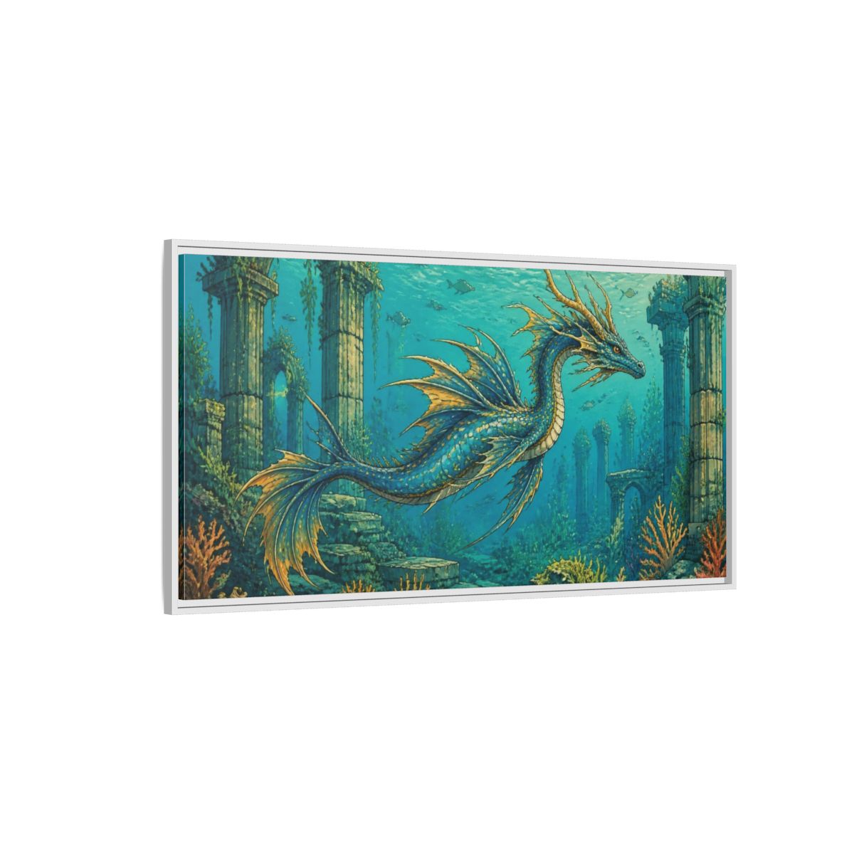 Side Mockup 3. Animals Blue Sea Dragon shown as framed canvas print