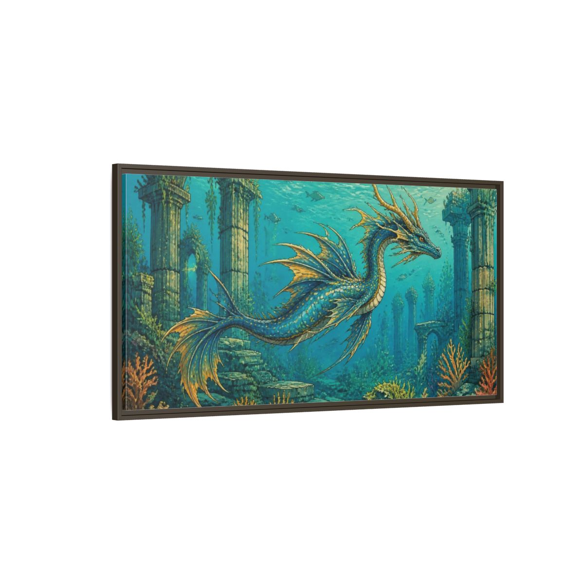 Side Mockup 4. Animals Blue Sea Dragon shown as framed canvas print
