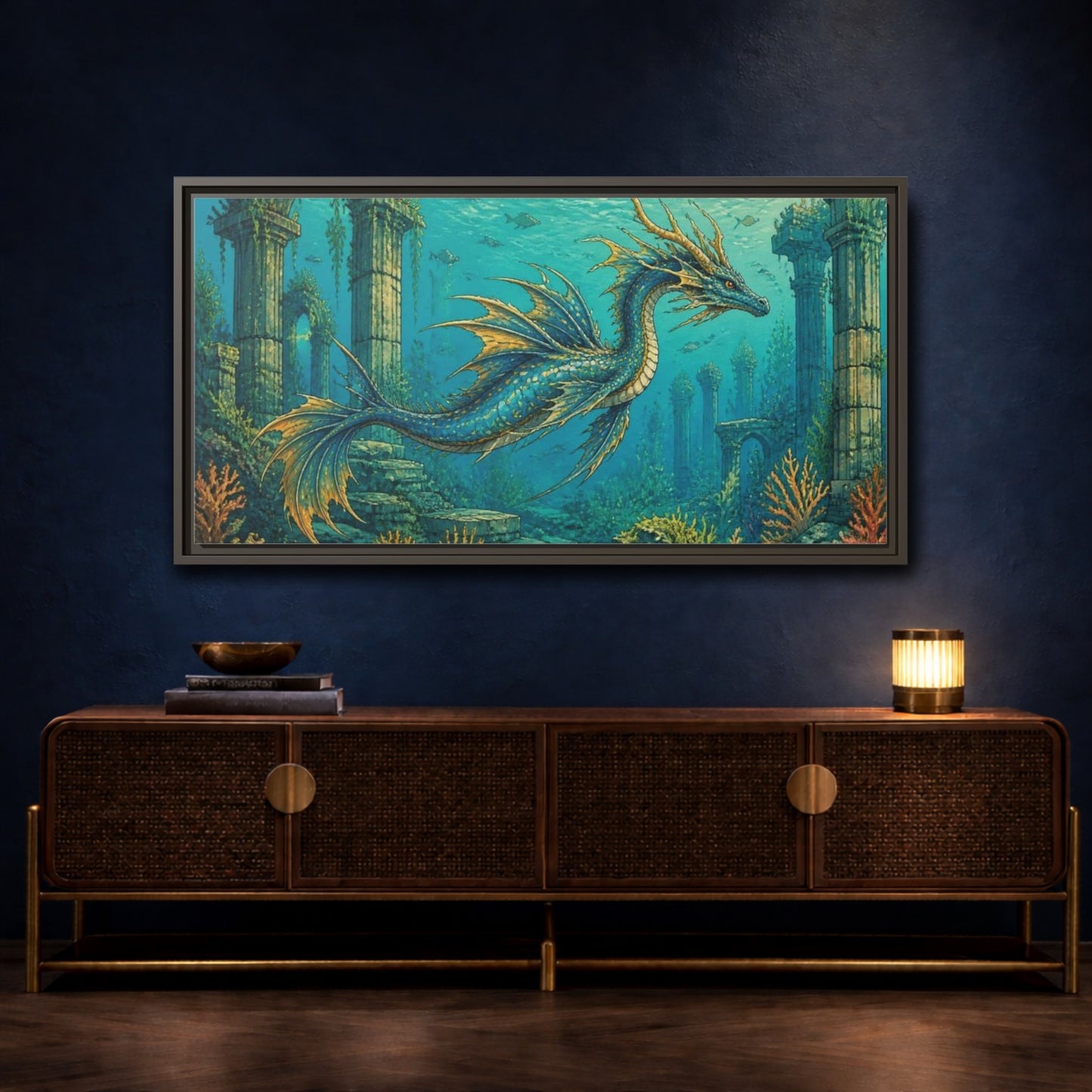 Mockup 4. Animals Blue Sea Dragon shown as framed canvas print