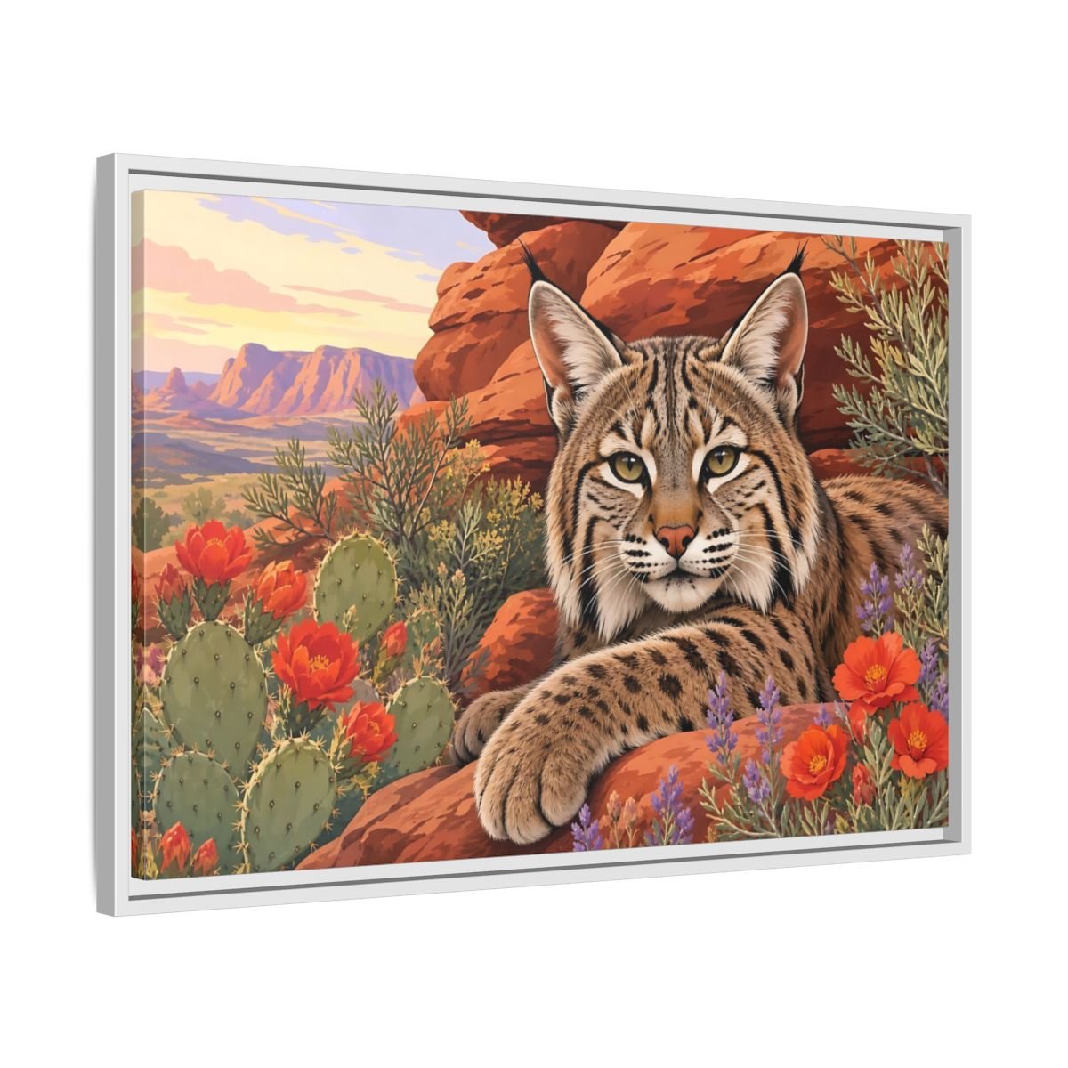 Animals Bobcat Desert Framed Canvas Print – Realistic Living Room, Large Wall - YesArtYes