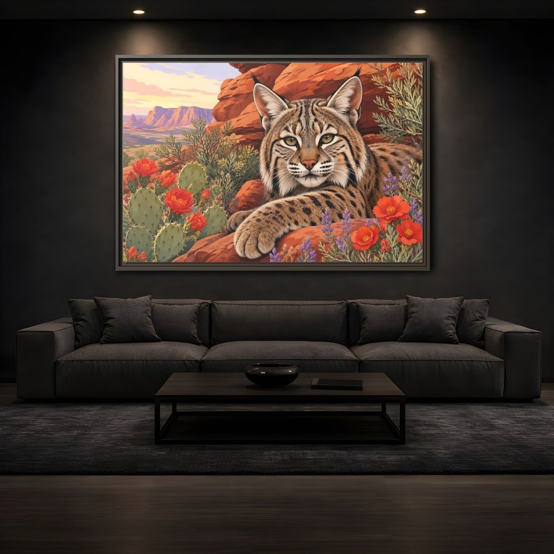 Animals Bobcat Desert Framed Canvas Print – Realistic Living Room, Large Wall - YesArtYes