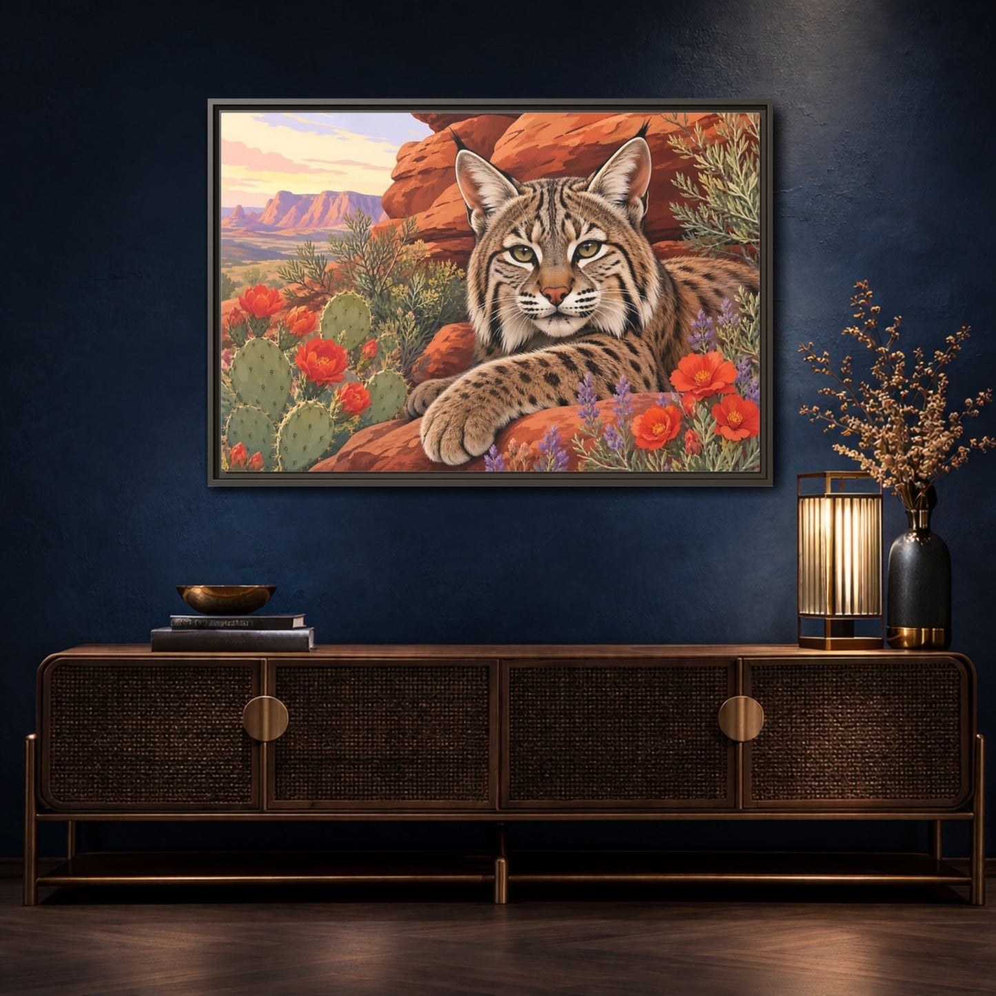 Animals Bobcat Desert Framed Canvas Print – Realistic Living Room, Large Wall - YesArtYes