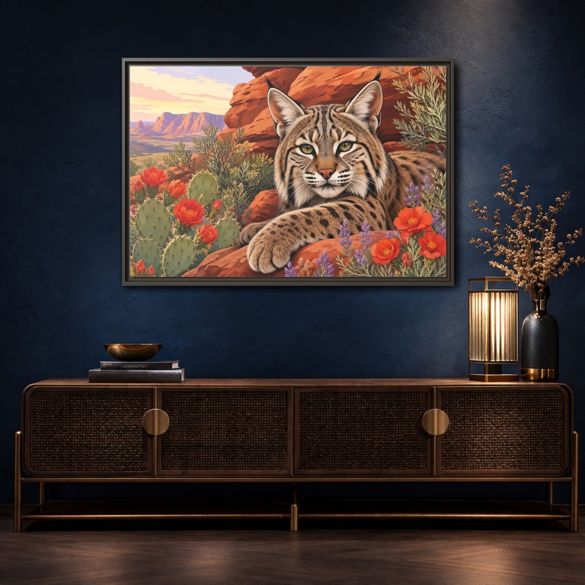 Animals Bobcat Desert Framed Canvas Print – Realistic Living Room, Large Wall - YesArtYes