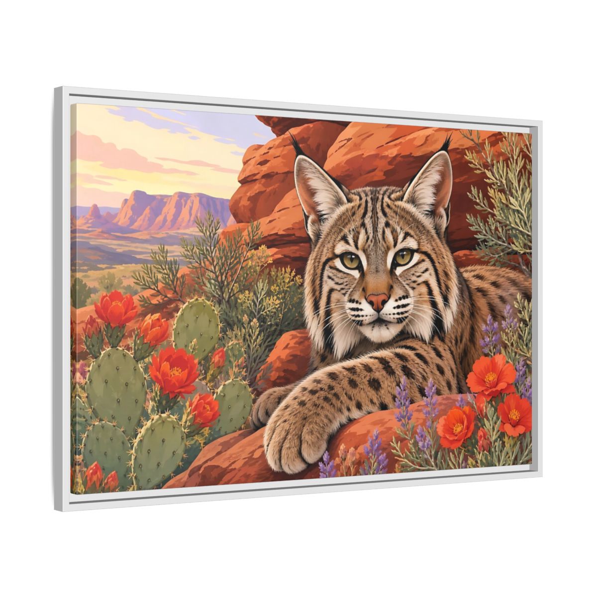 Side Mockup 9. Animals Bobcat Bobcat Desert shown as stretched canvas wall art