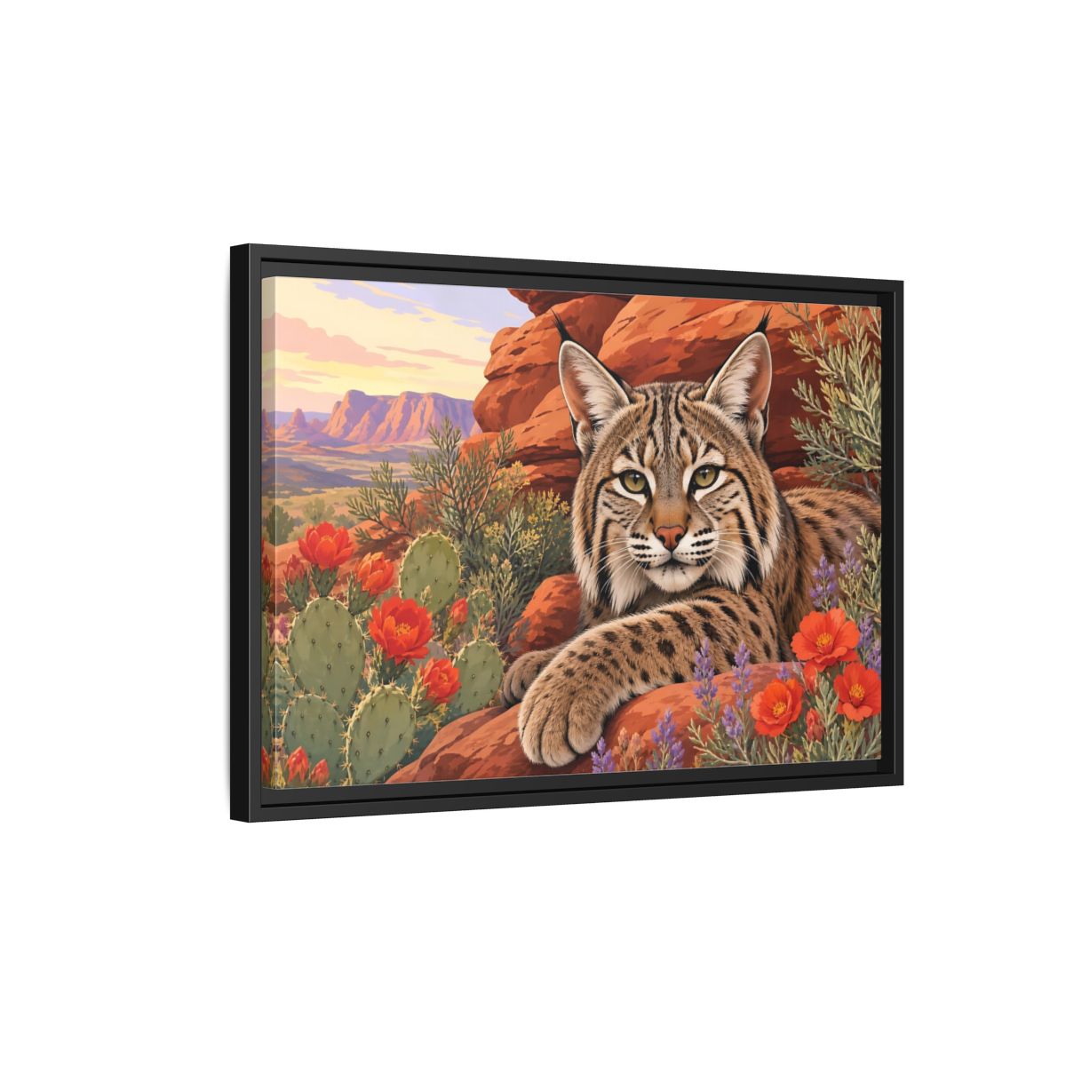 Side Mockup 3. Animals Bobcat Bobcat Desert shown as stretched canvas wall art
