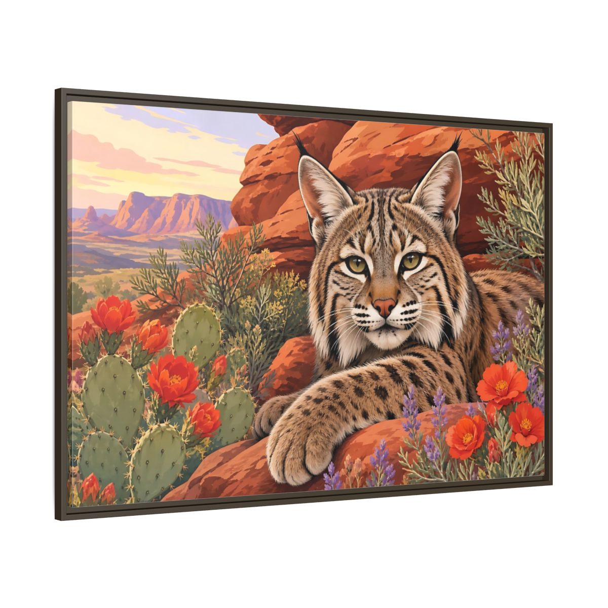 Side Mockup 8. Animals Bobcat Bobcat Desert shown as stretched canvas wall art