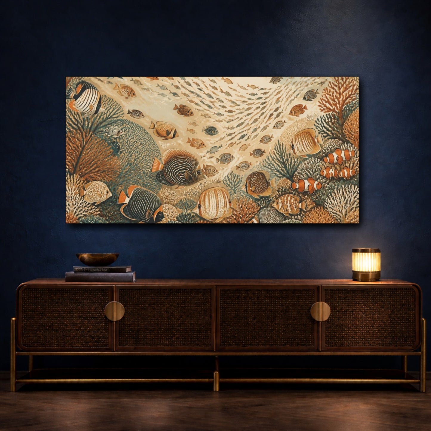 Mockup 4. Animals Boho Tropical Fish School shown as canvas print