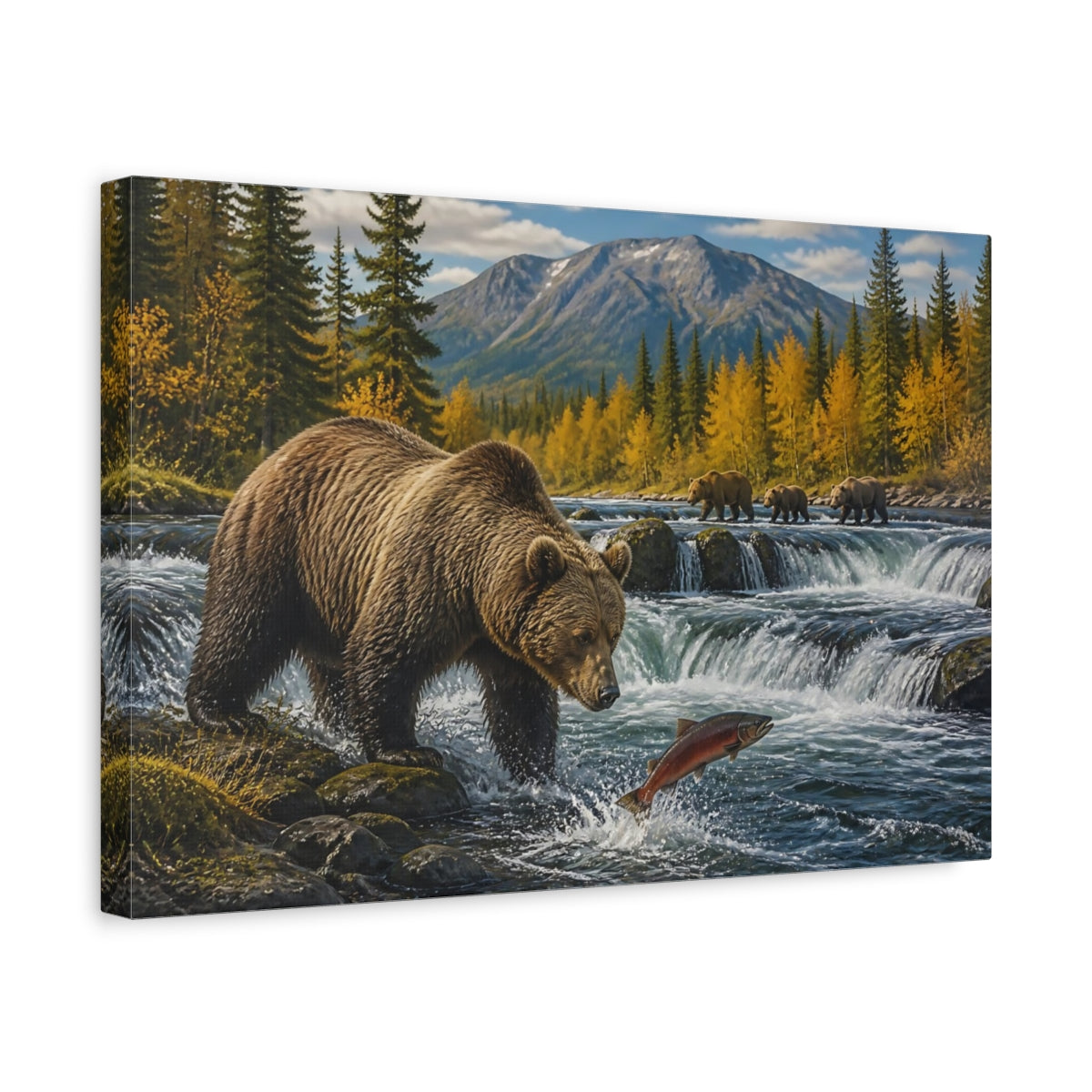 Side Mockup 4. Animals Brown Bear And Salmon shown as canvas print