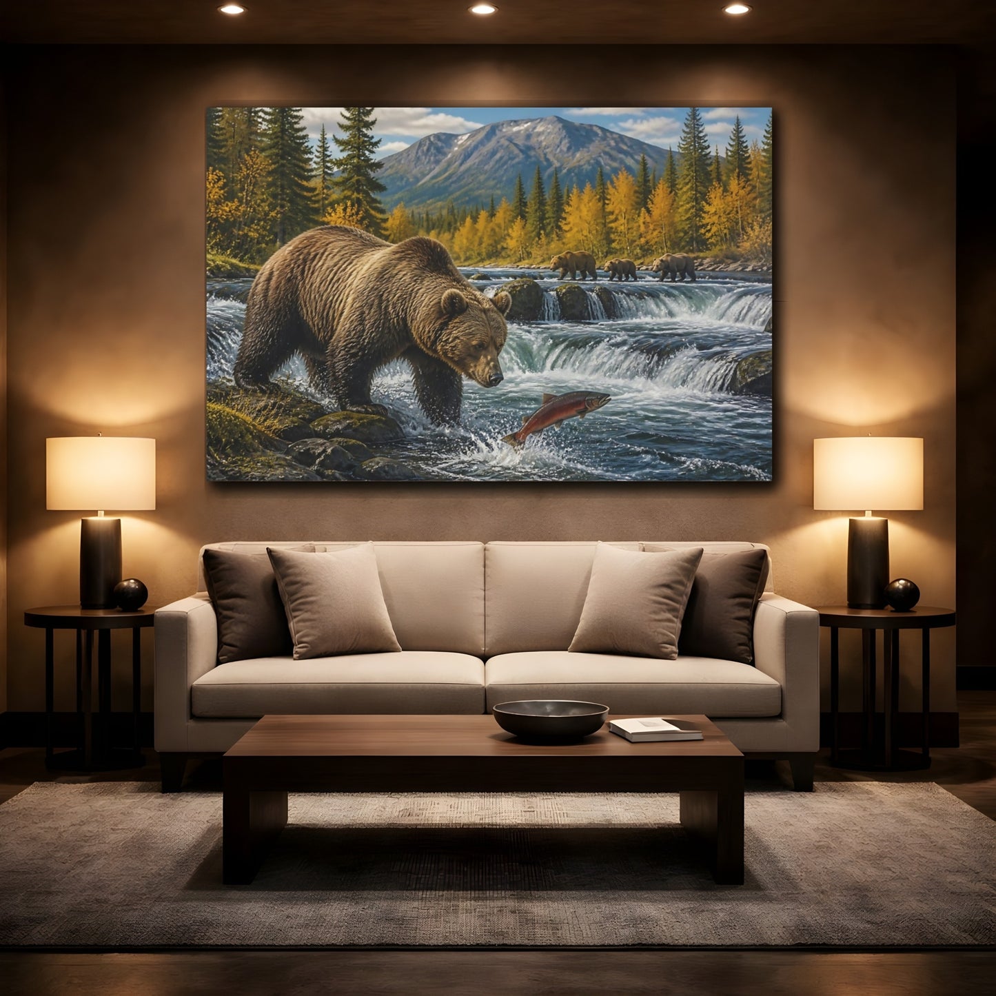 Mockup 2. Animals Brown Bear And Salmon shown as canvas print