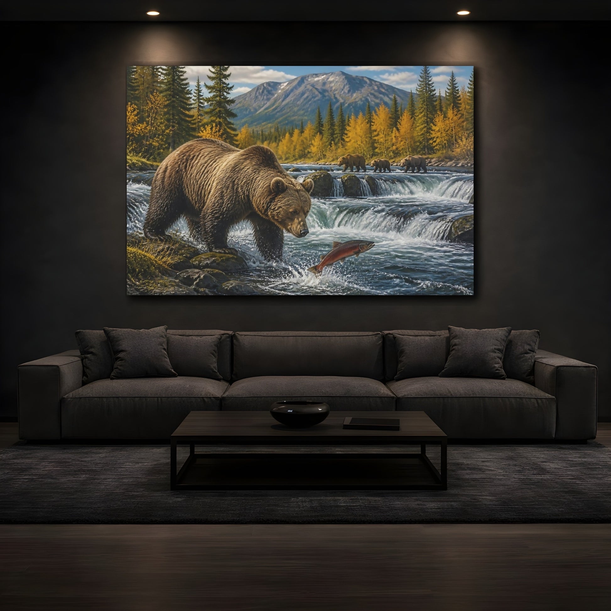 Mockup 3. Animals Brown Bear And Salmon shown as canvas print