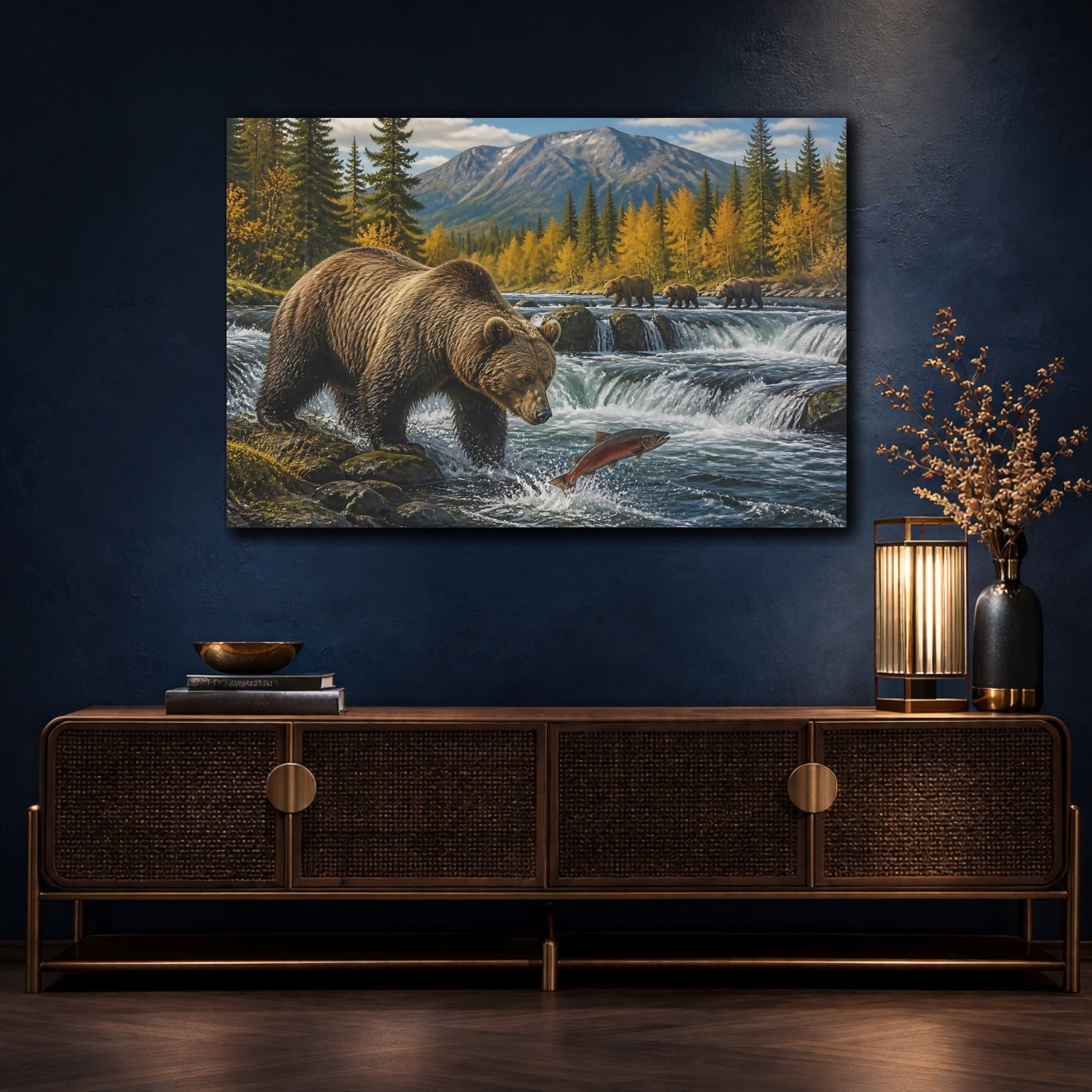 Mockup 4. Animals Brown Bear And Salmon shown as canvas print