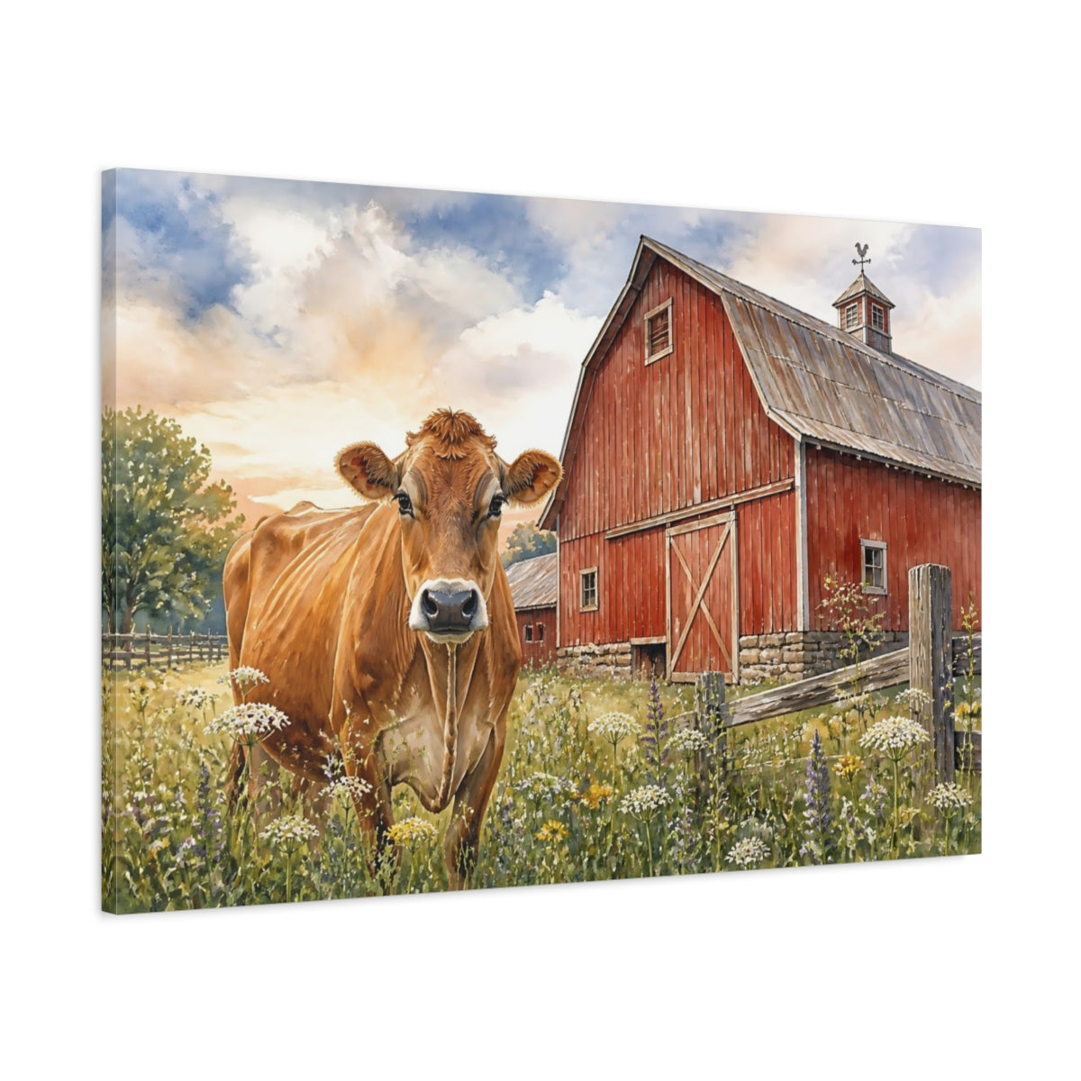 Main Mockup. Animals Brown Cow Near Red Barn shown as canvas print