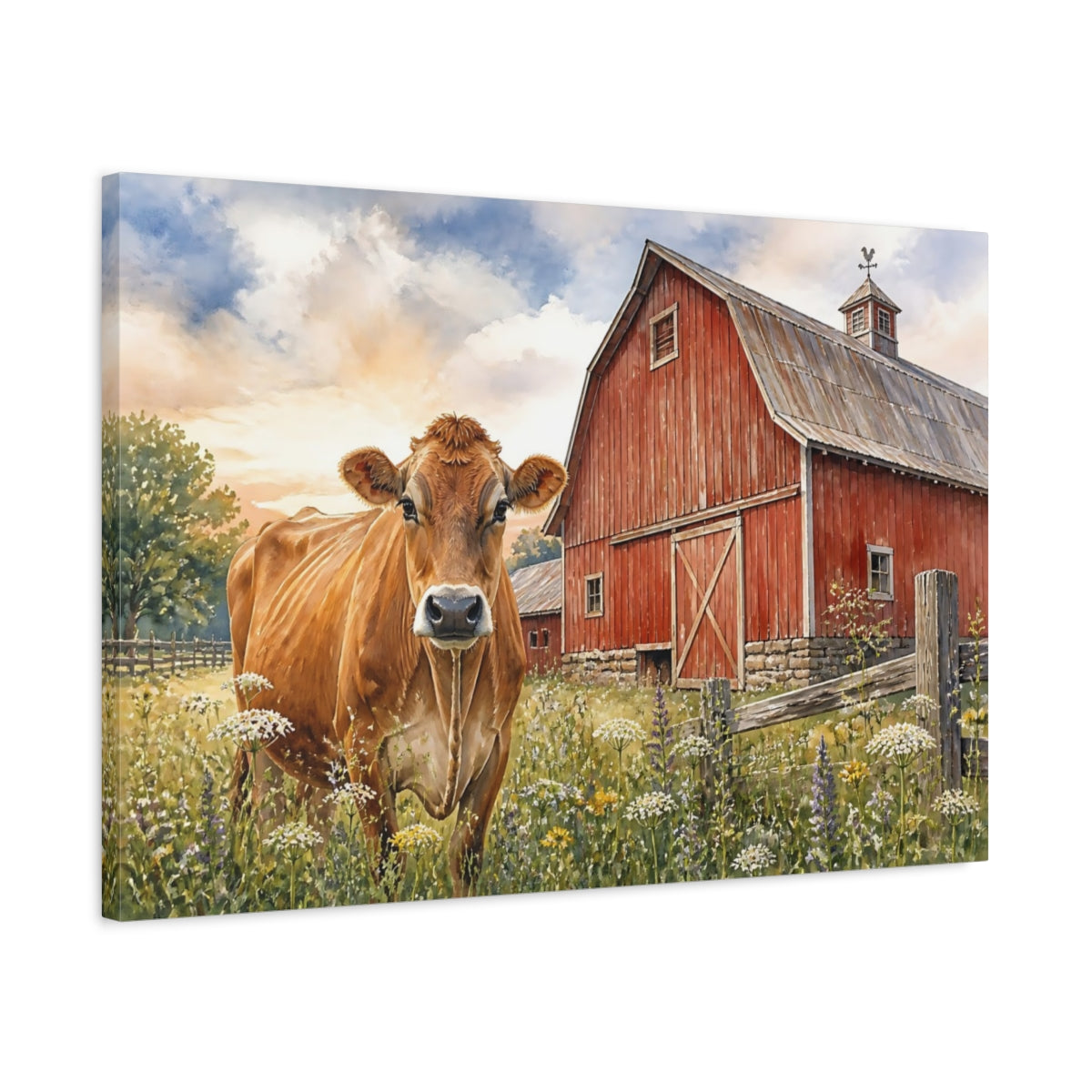 Side Mockup 2. Animals Brown Cow Near Red Barn shown as canvas print