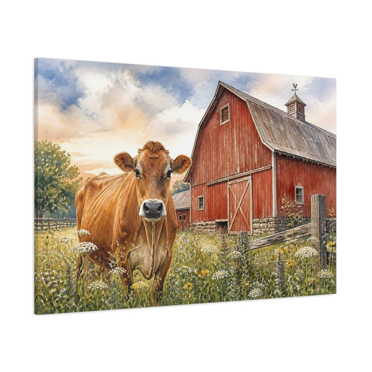Side Mockup 1. Animals Brown Cow Near Red Barn shown as canvas print