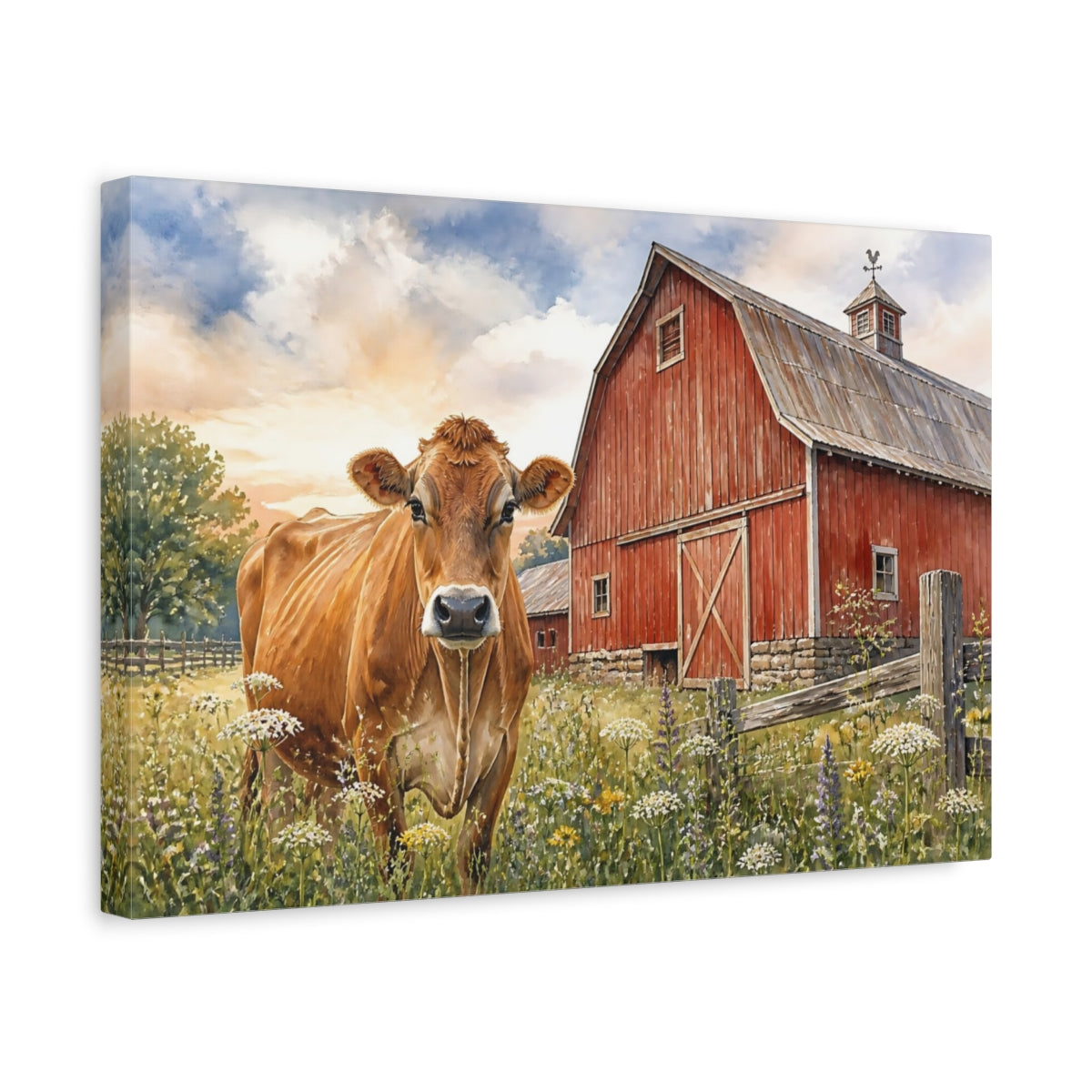 Side Mockup 4. Animals Brown Cow Near Red Barn shown as canvas print