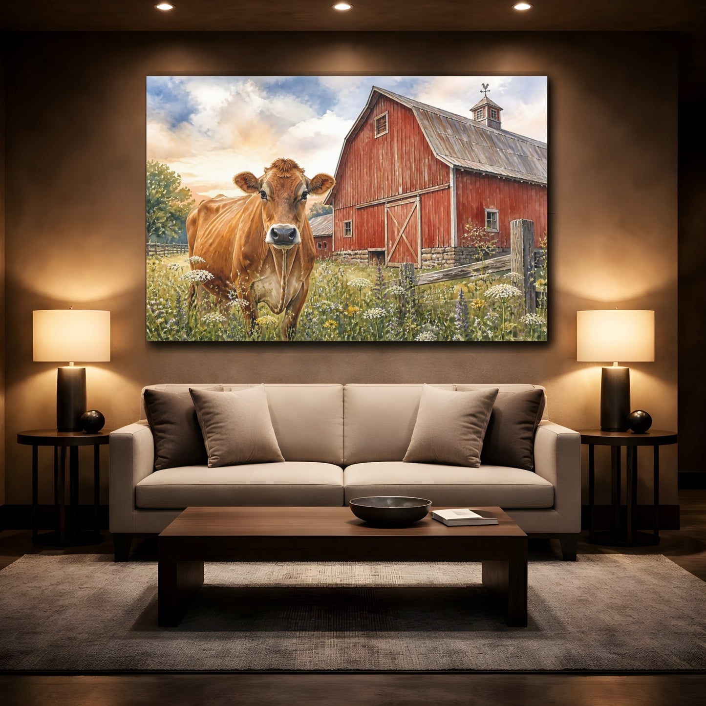 Mockup 2. Animals Brown Cow Near Red Barn shown as canvas print