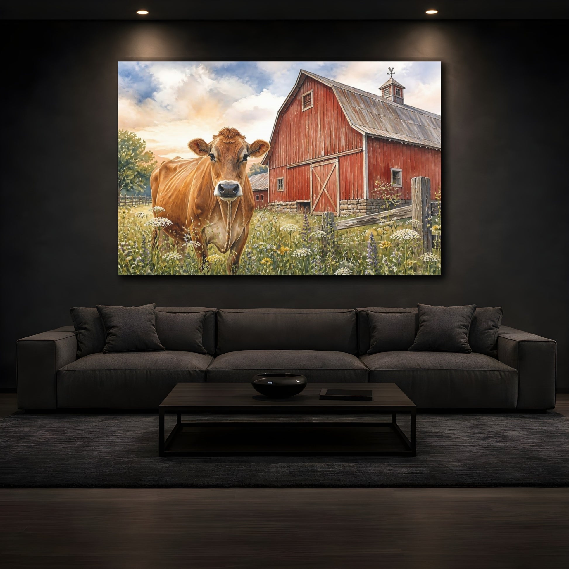 Mockup 3. Animals Brown Cow Near Red Barn shown as canvas print