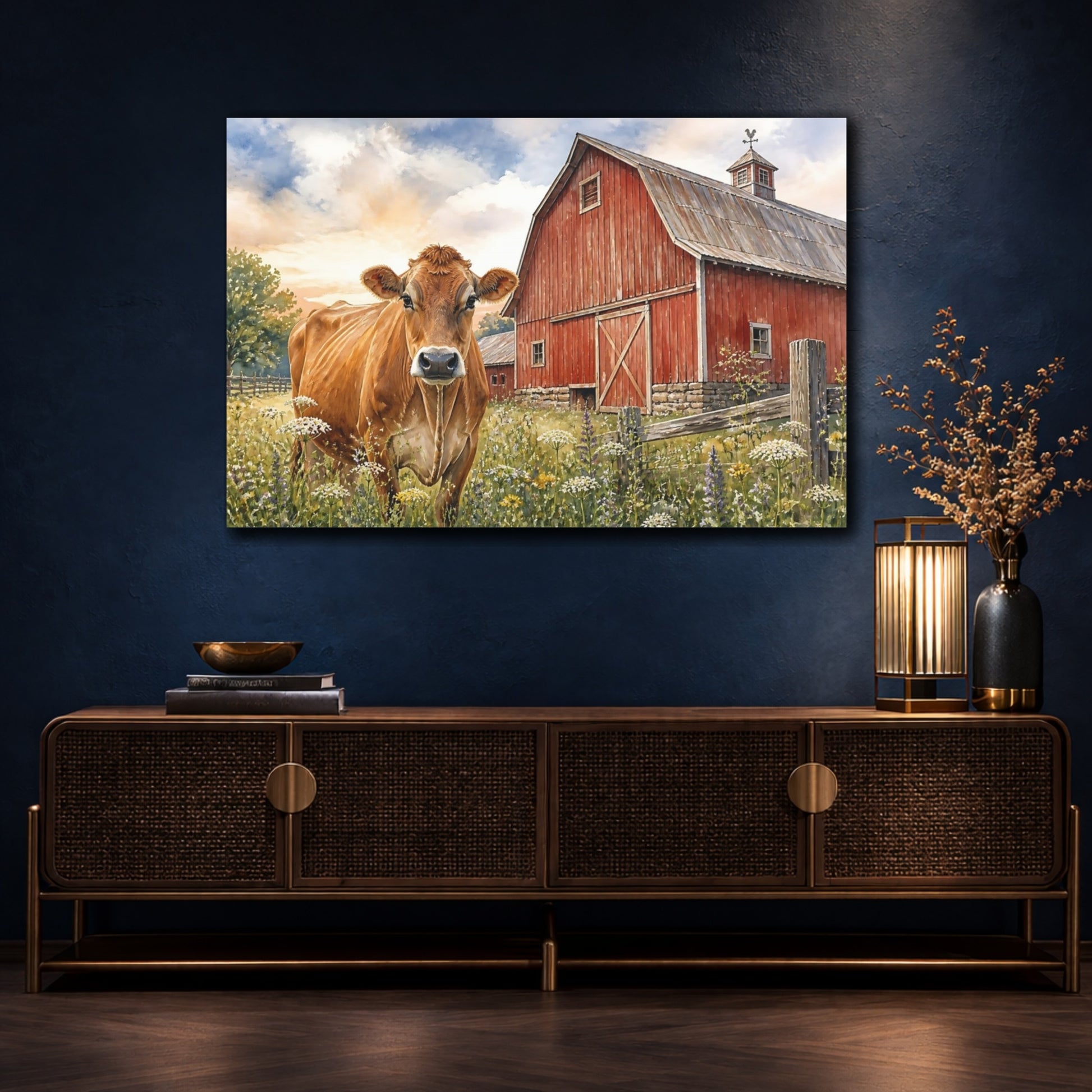 Mockup 4. Animals Brown Cow Near Red Barn shown as canvas print