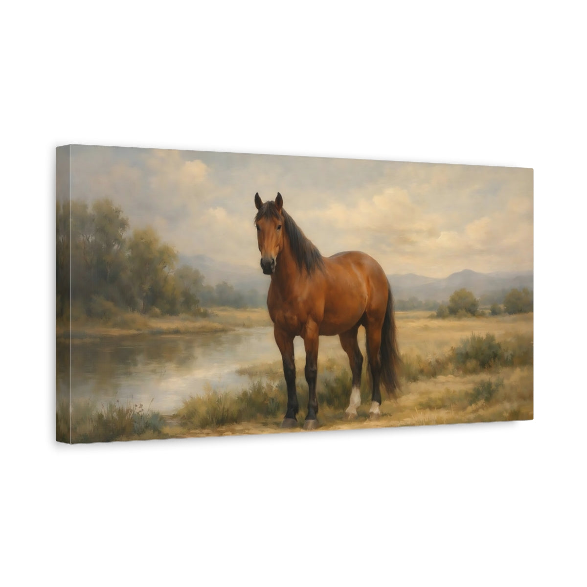 Side Mockup 3. Animals Brown Horse Brown Horse Landscape shown as stretched canvas wall art