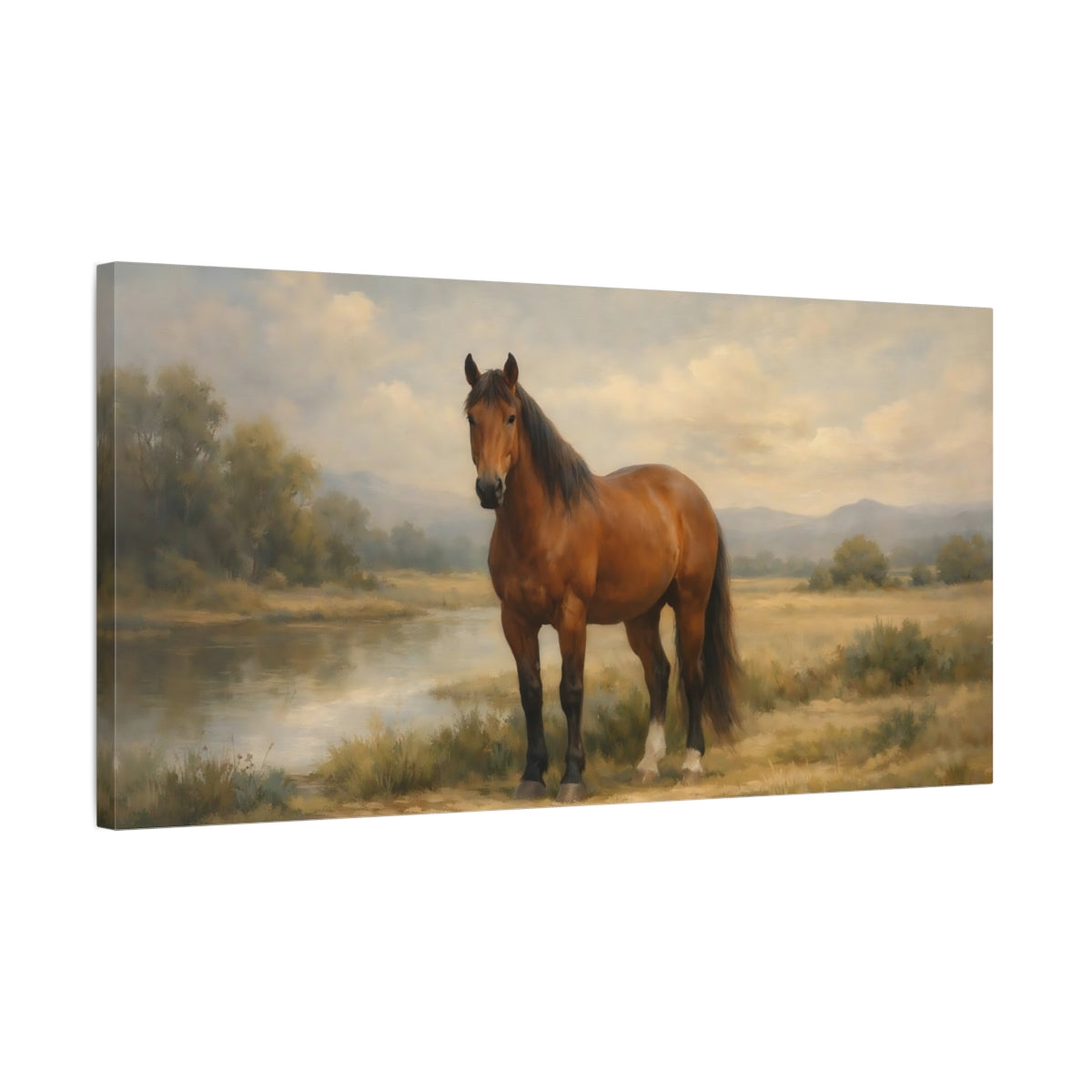 Side Mockup 2. Animals Brown Horse Brown Horse Landscape shown as stretched canvas wall art
