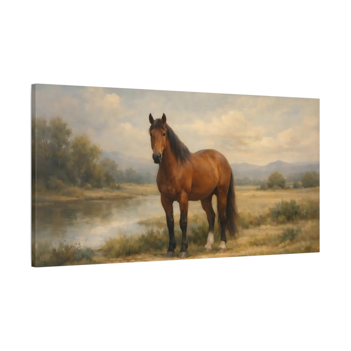 Side Mockup 1. Animals Brown Horse Brown Horse Landscape shown as stretched canvas wall art