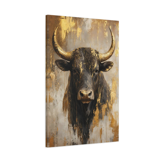 Main Mockup. Animals Bull Black And Gold Bull shown as stretched canvas wall art