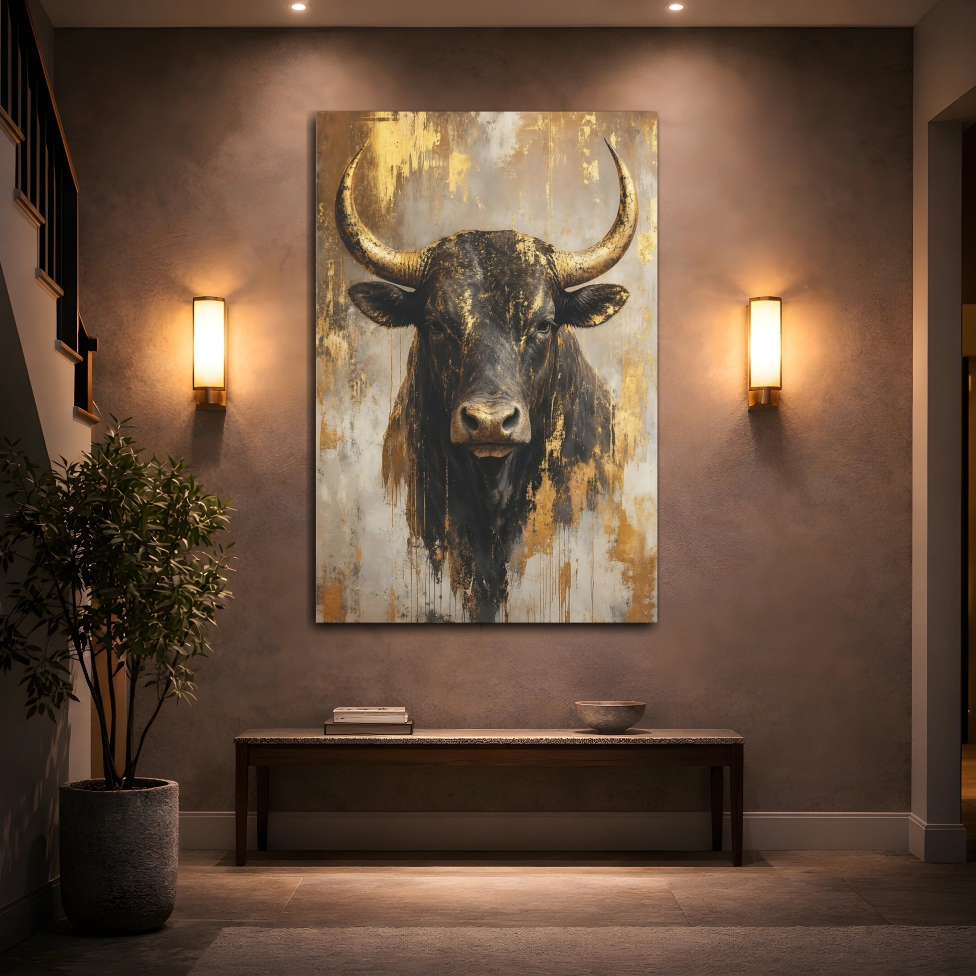 Mockup 2. Animals Bull Black And Gold Bull shown as stretched canvas wall art