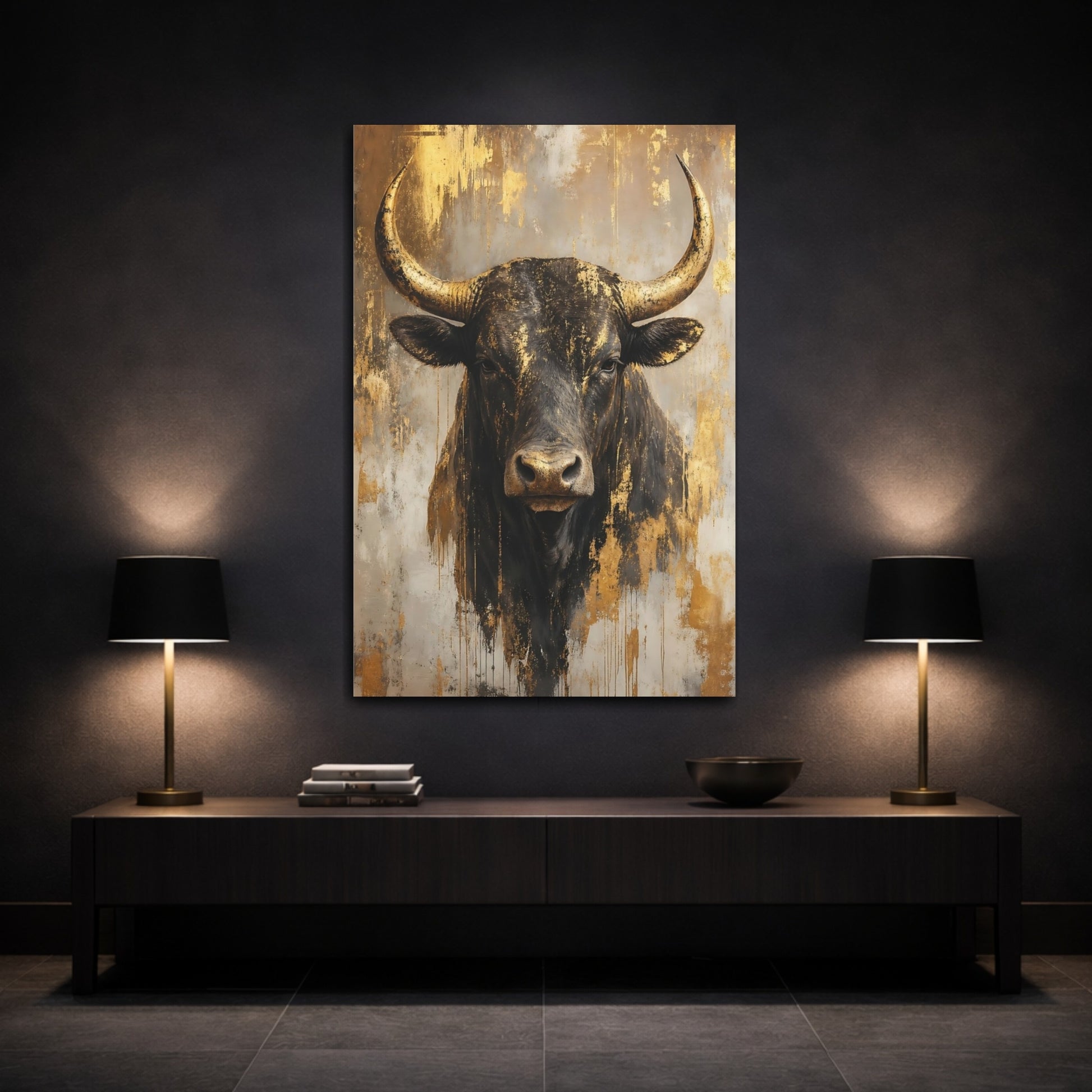 Mockup 3. Animals Bull Black And Gold Bull shown as stretched canvas wall art