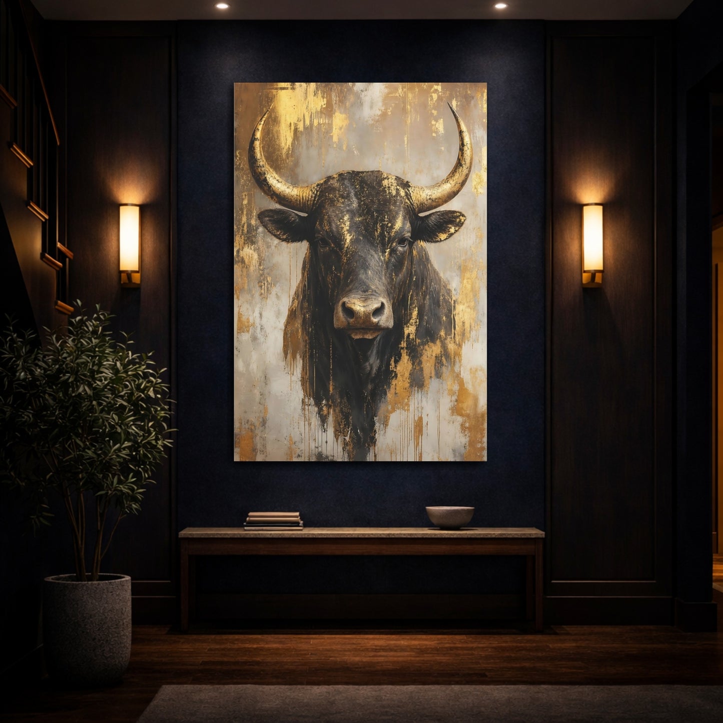 Mockup 4. Animals Bull Black And Gold Bull shown as stretched canvas wall art