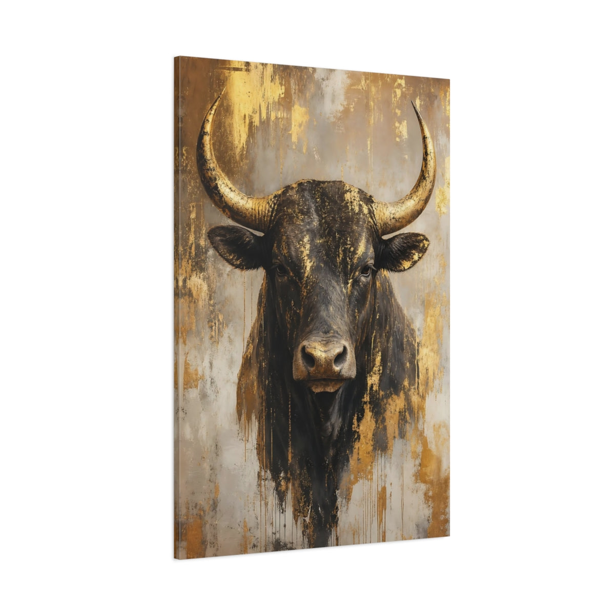 Side Mockup 1. Animals Bull Black And Gold Bull shown as stretched canvas wall art
