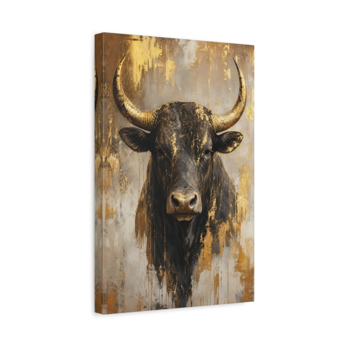 Side Mockup 4. Animals Bull Black And Gold Bull shown as stretched canvas wall art