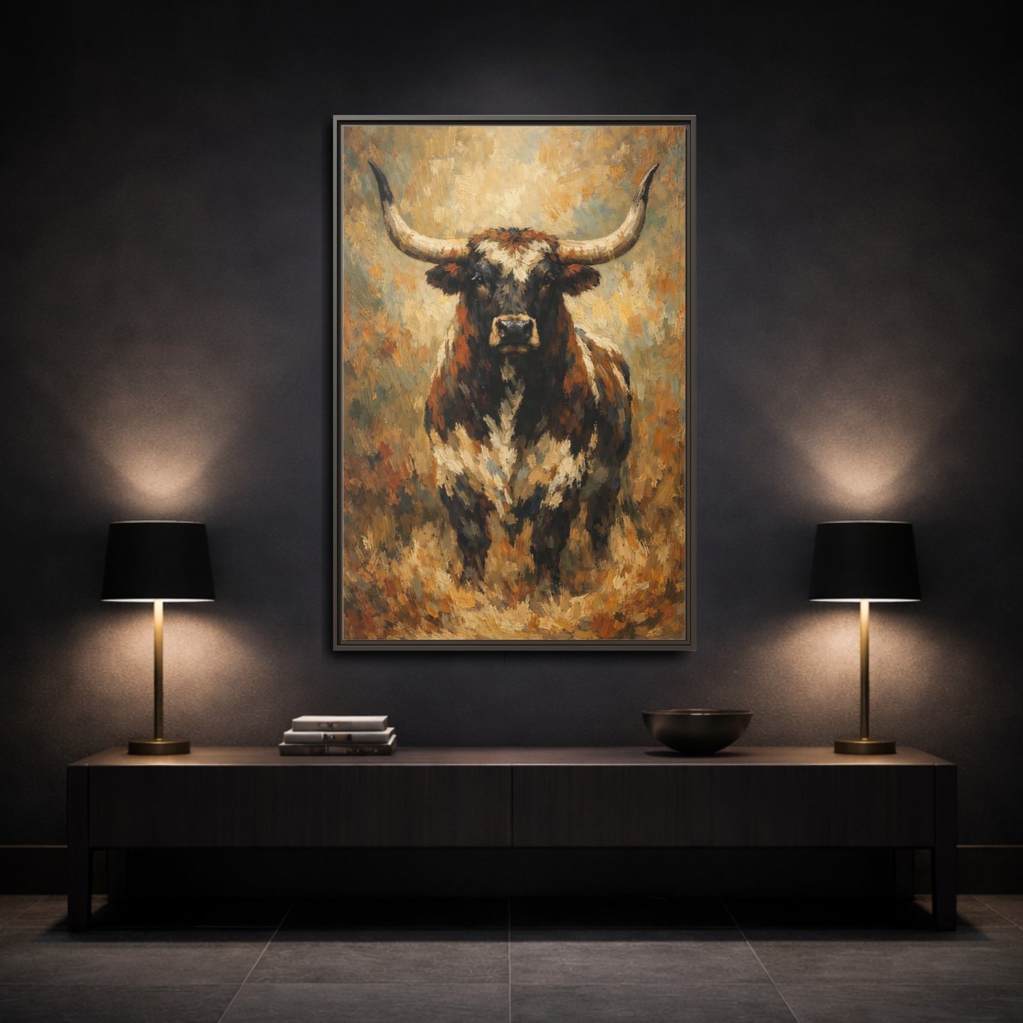 Mockup 2. Animals Bull Brown Bull shown as stretched canvas wall art
