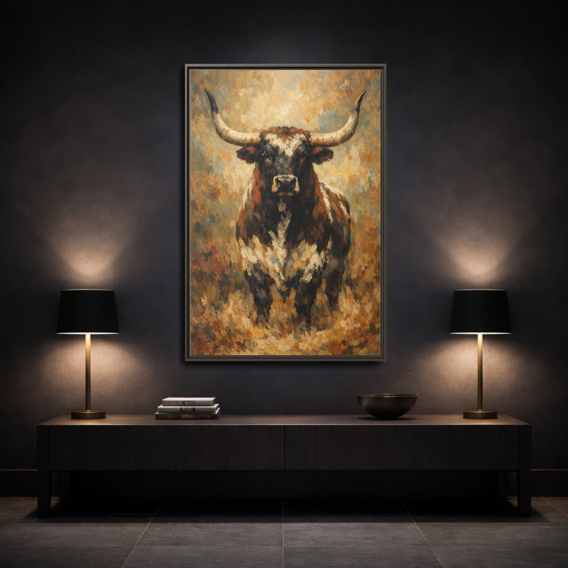 Mockup 2. Animals Bull Brown Bull shown as stretched canvas wall art