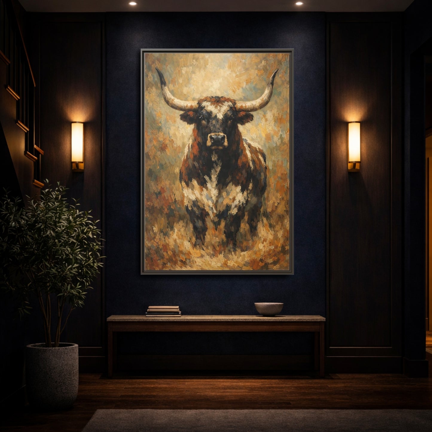Mockup 3. Animals Bull Brown Bull shown as stretched canvas wall art