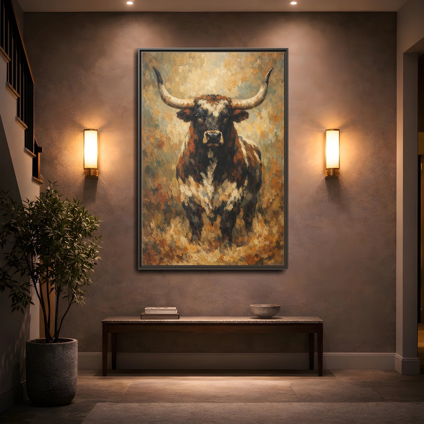 Mockup 4. Animals Bull Brown Bull shown as stretched canvas wall art