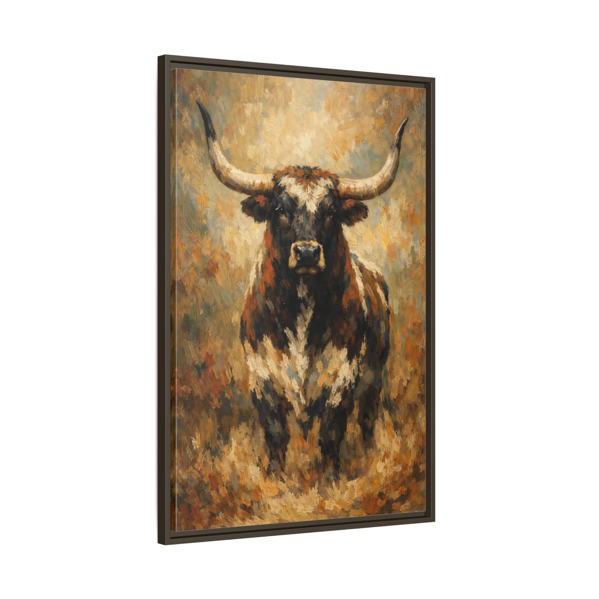 Side Mockup 10. Animals Bull Brown Bull shown as stretched canvas wall art