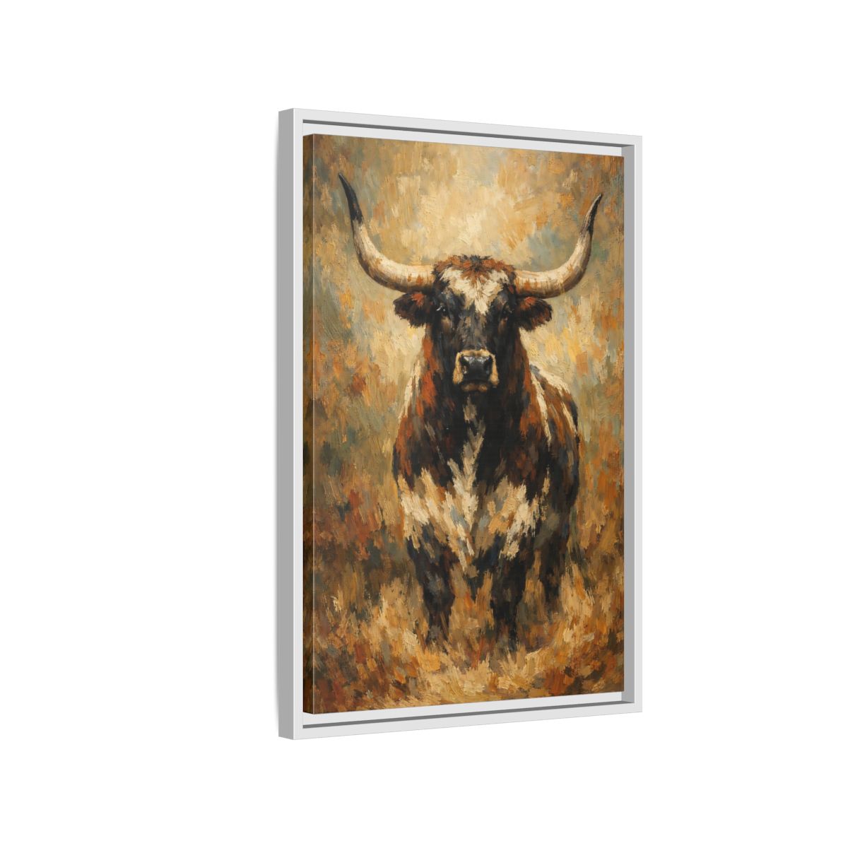 Side Mockup 1. Animals Bull Brown Bull shown as stretched canvas wall art