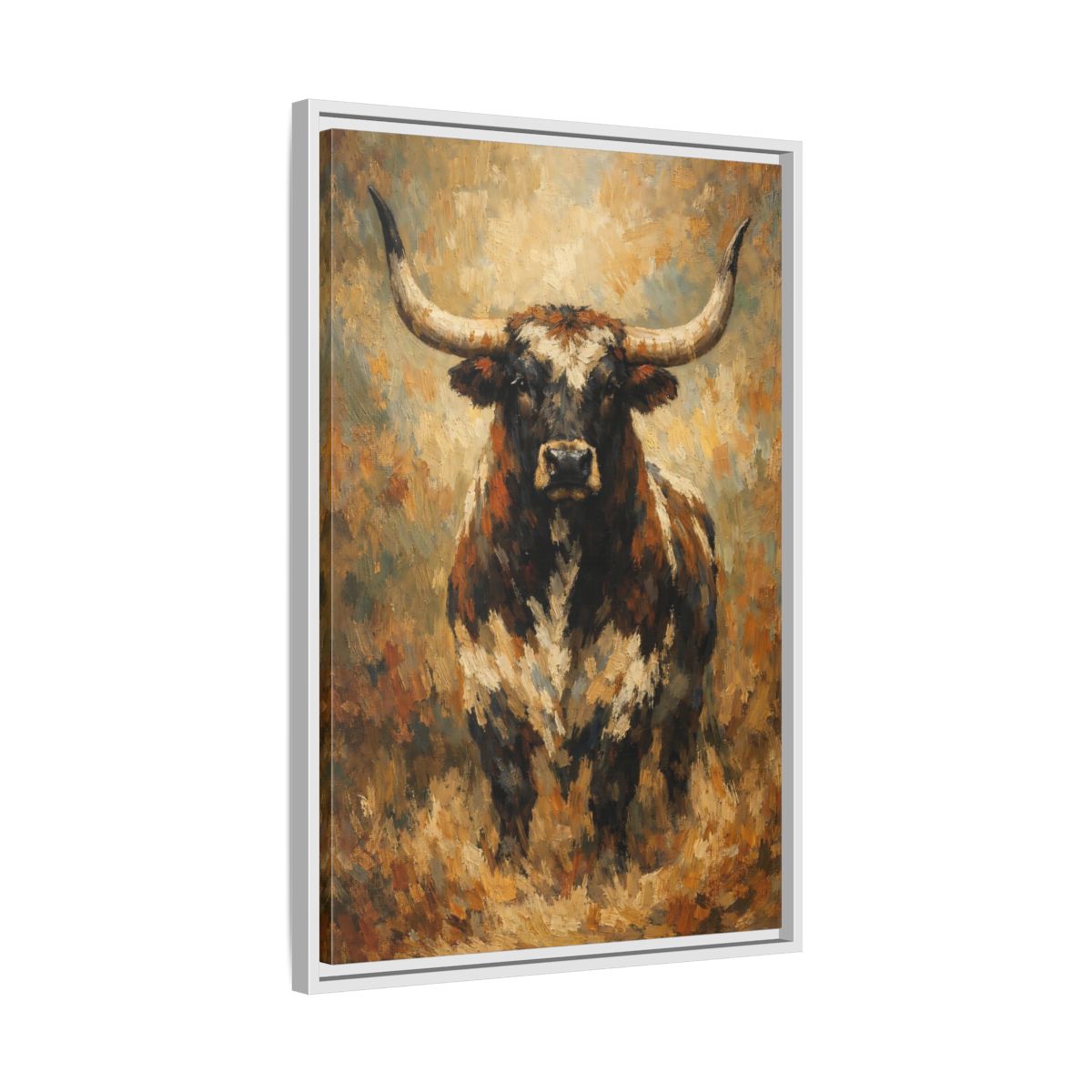 Side Mockup 11. Animals Bull Brown Bull shown as stretched canvas wall art