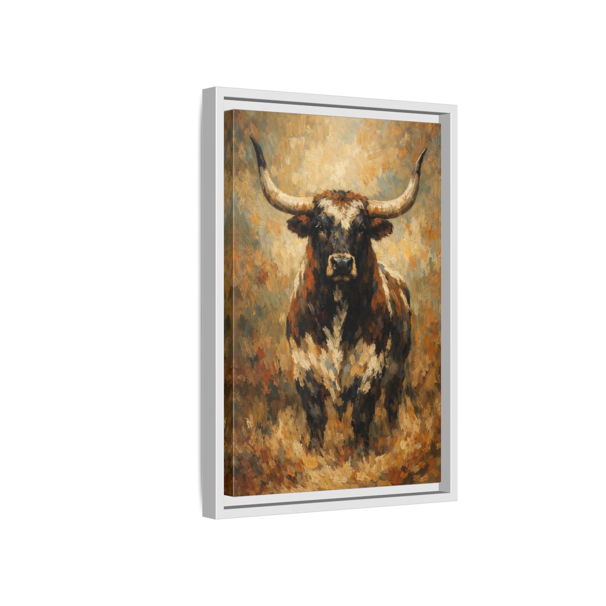 Side Mockup 4. Animals Bull Brown Bull shown as stretched canvas wall art