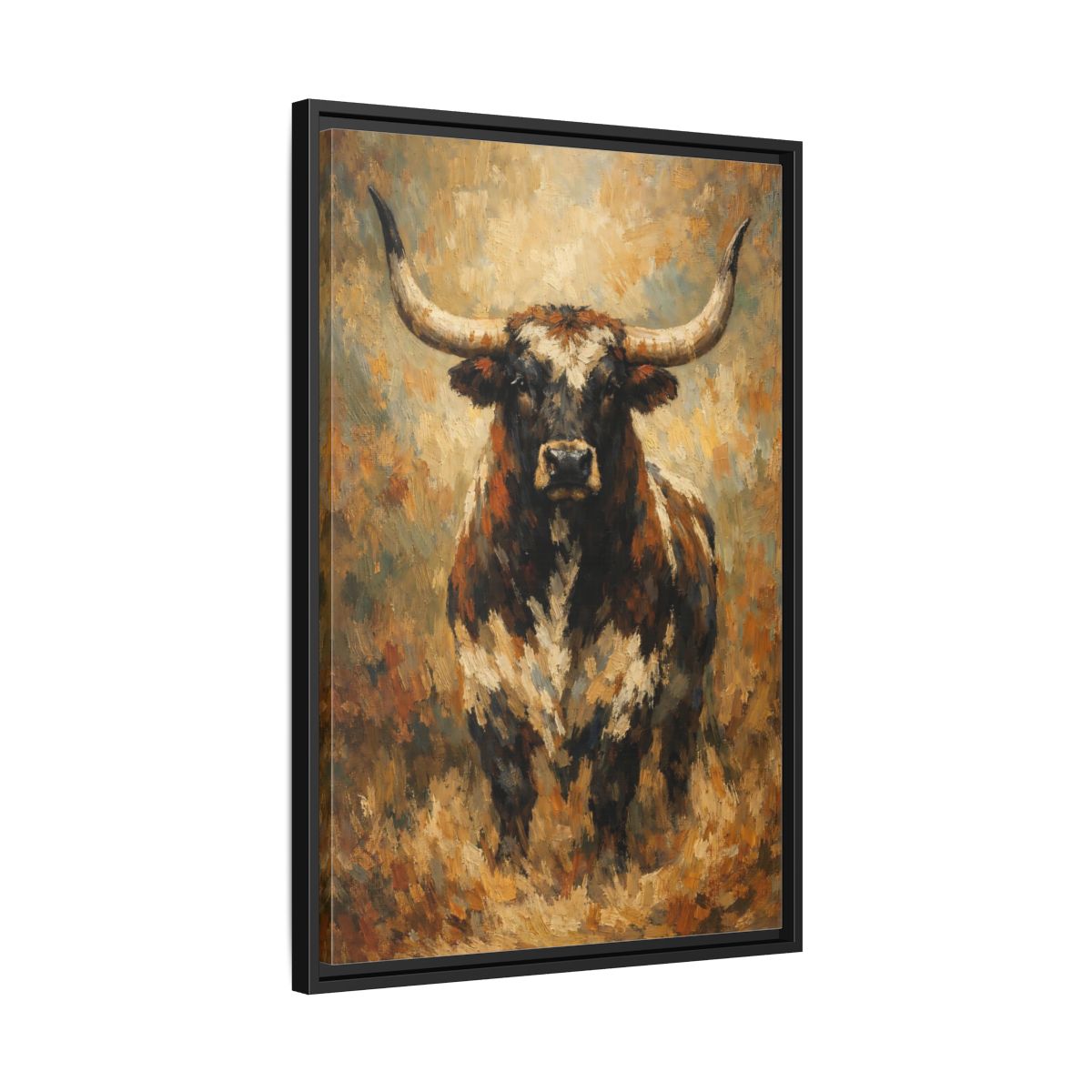 Side Mockup 14. Animals Bull Brown Bull shown as stretched canvas wall art